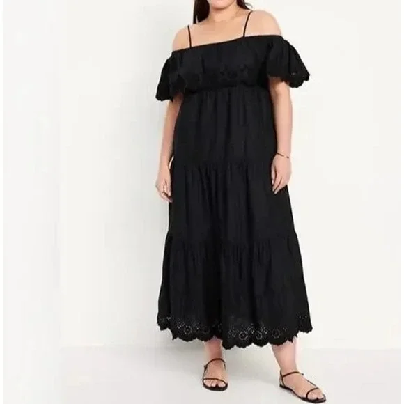 NWT Old Navy Cold Shoulder Maxi Swing Dress Black Ruffle Cotton Plus Size 3X - Picture 12 of 12